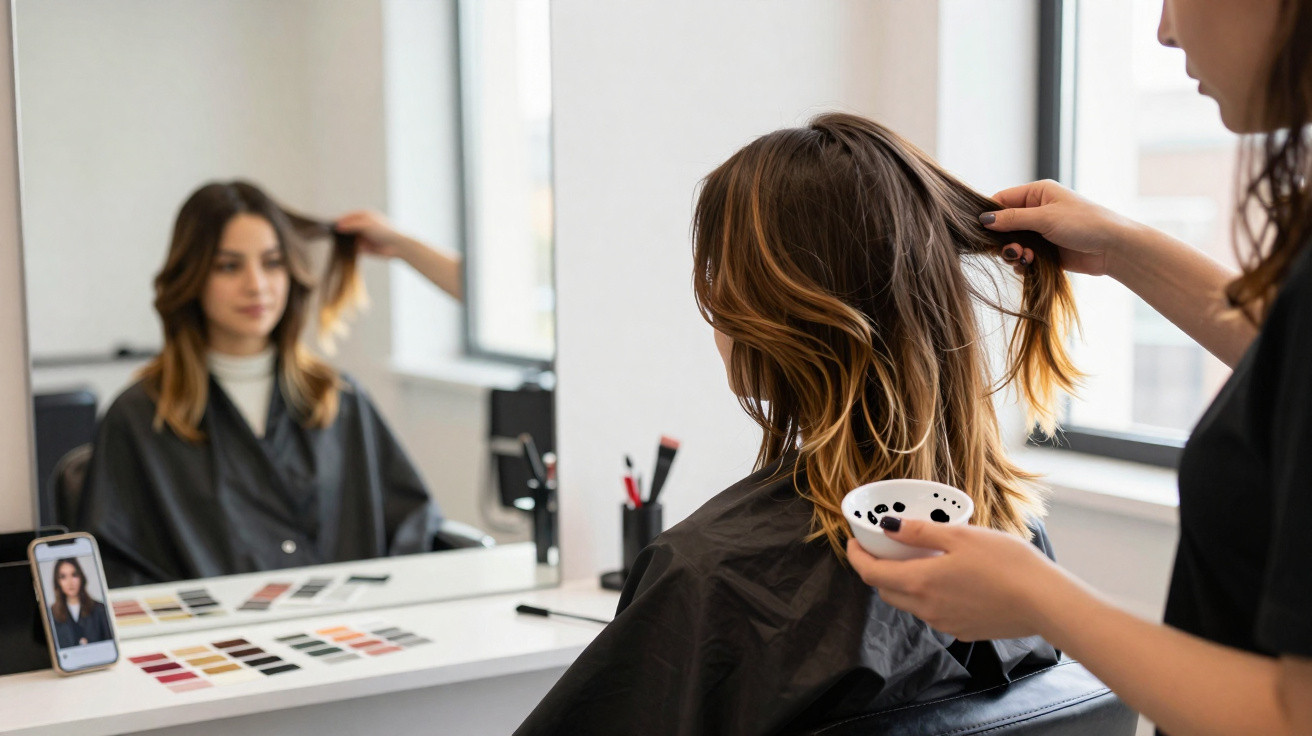 Frau sitzt beim Friseur, der ihr Haare mit Farbpinsel und Schale bearbeitet, Spiegelbild sichtbar.