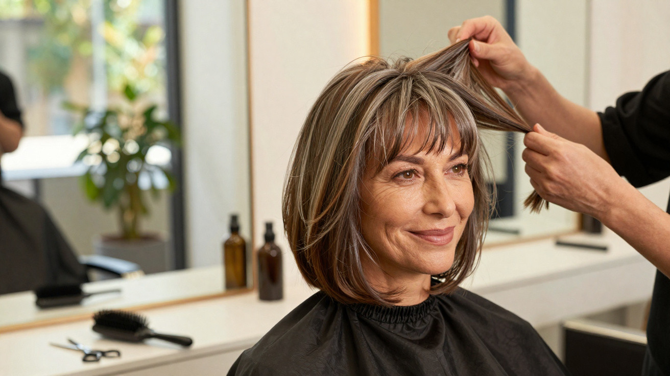Frau mit kurzem, gesträhntem Haar beim Friseurbesuch, Friseur hebt Strähne hoch.