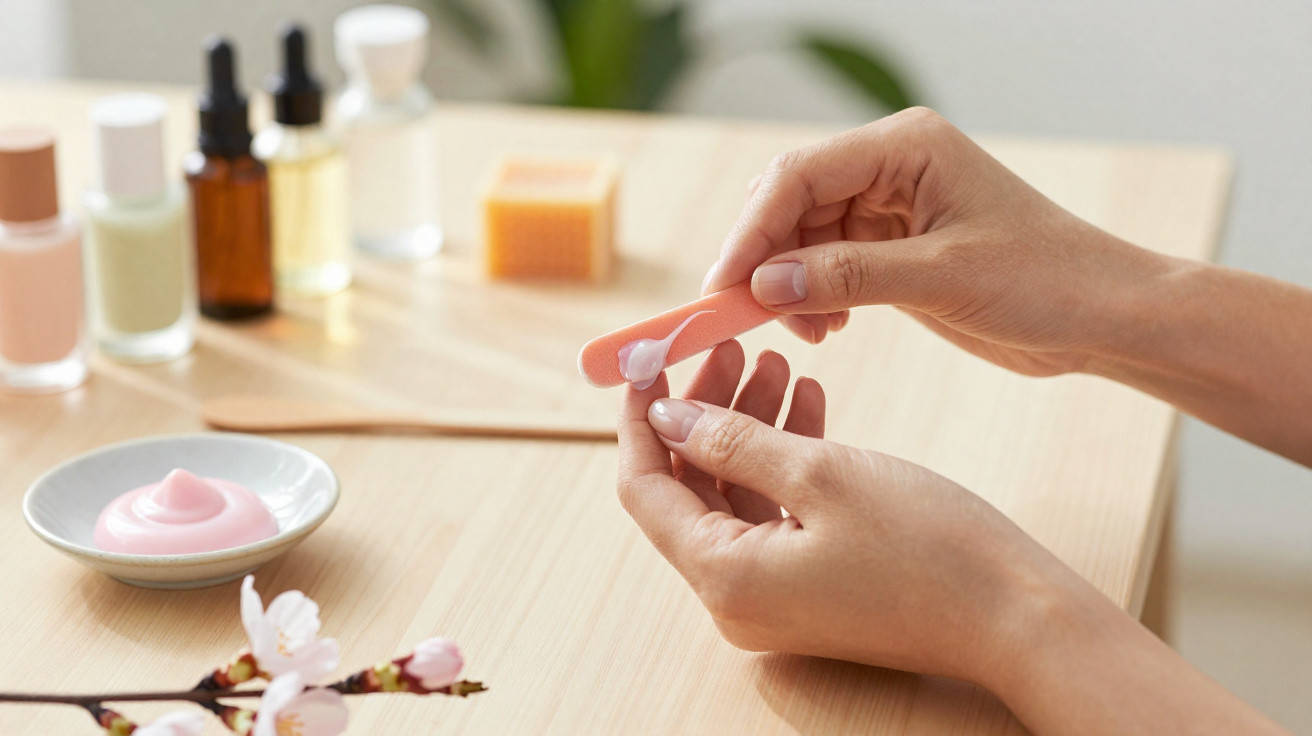 Person feilt Fingernägel neben Nagellack und Creme auf Holztisch mit blühendem Kirschzweig.
