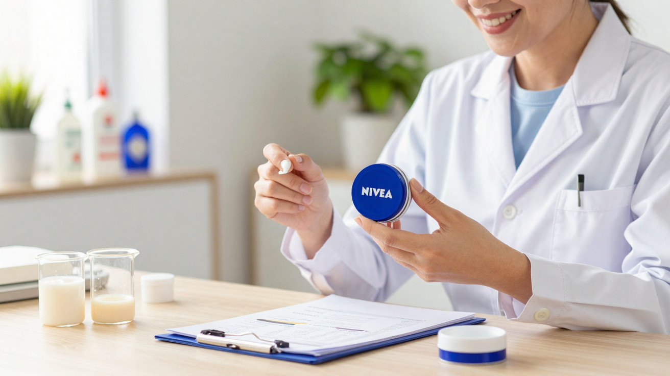 Frau im weißen Kittel hält eine NIVEA Creme und trägt Lippenbalsam auf in einem hellem Arbeitszimmer.