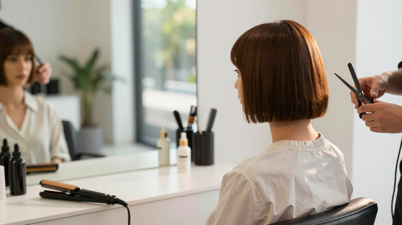 Frau mit kurzem braunem Bob sitzt im Friseursalon, Friseur schneidet ihre Haare vor Spiegel.