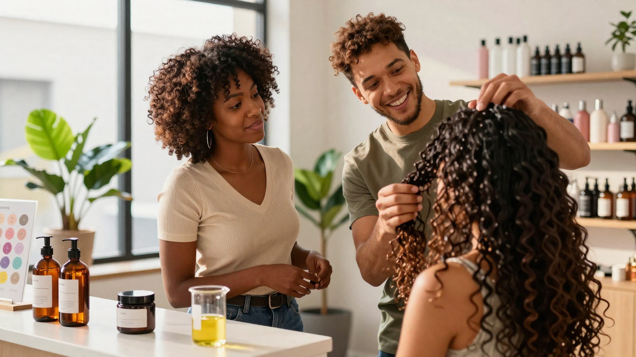 Friseure beraten Kundin mit lockigem Haar in einem Salon mit Haarpflegeprodukten im Hintergrund.