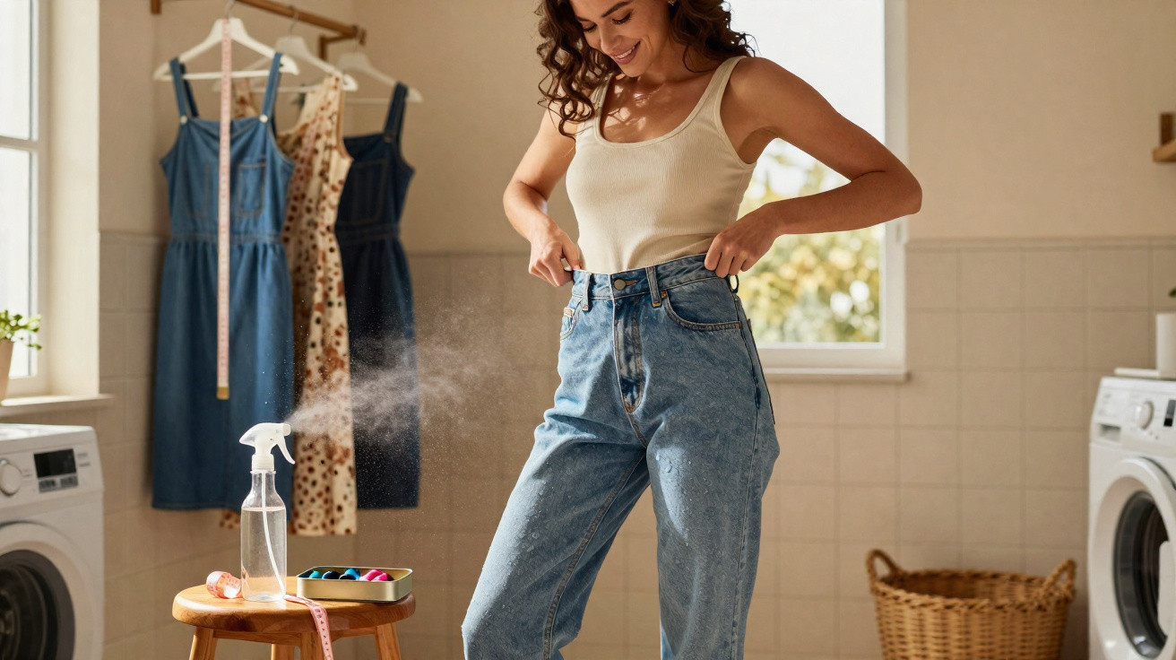 Frau zieht neue Jeans an in heller Waschküche mit Kleiderbügeln und Waschmaschine im Hintergrund.