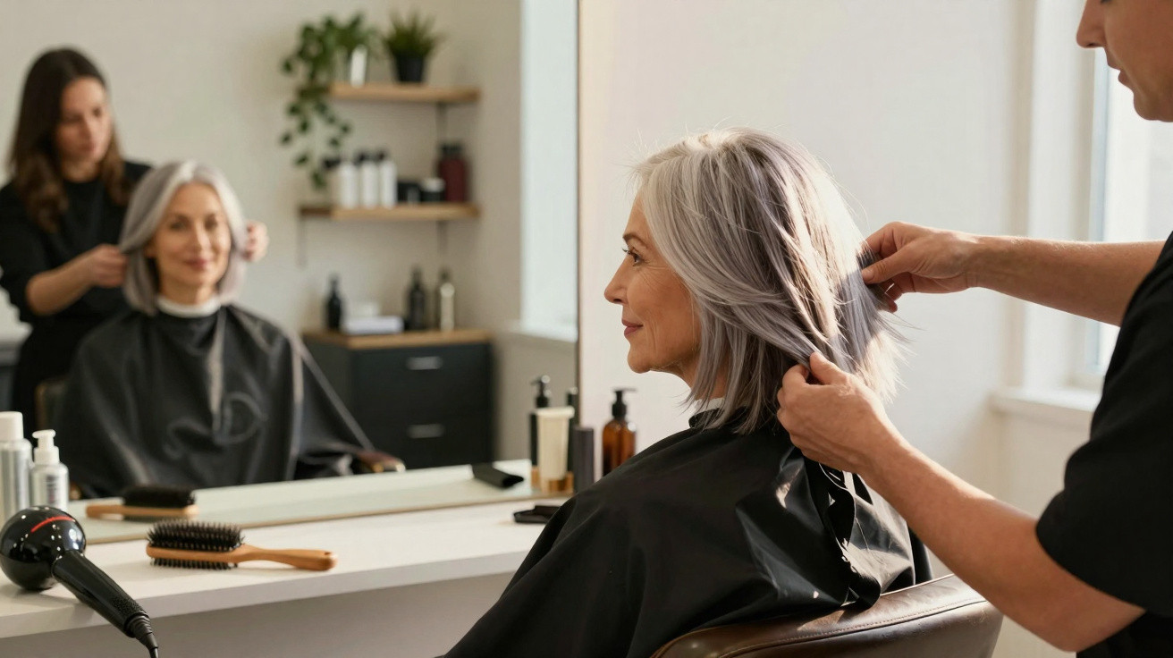 Ältere Frau mit grauen Haaren beim Friseur, der gerade ihre Haare stylt, vor großem Spiegel.