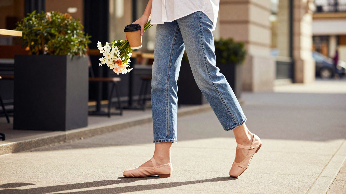 Frau in Jeans und Ballerinas geht mit Kaffee und Blumen auf einem sonnigen Gehweg entlang.