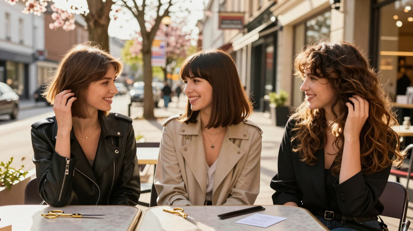 Drei junge Frauen sitzen draußen an einem Cafétisch und unterhalten sich lachend bei Sonnenschein.