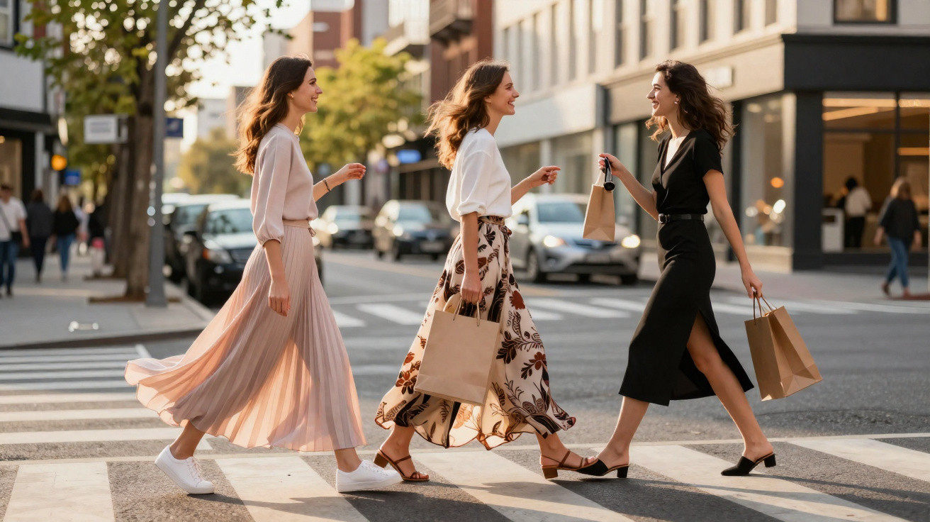 Drei Frauen mit Einkaufstüten überqueren lachend eine belebte Straße bei Sonnenlicht.