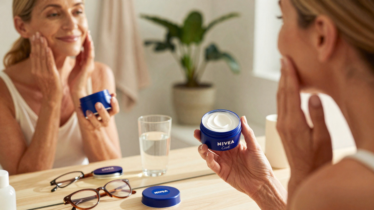 Frau trägt Nivea Gesichtscreme auf, vor Spiegel sitzend mit Brille und Glas Wasser auf Tisch.
