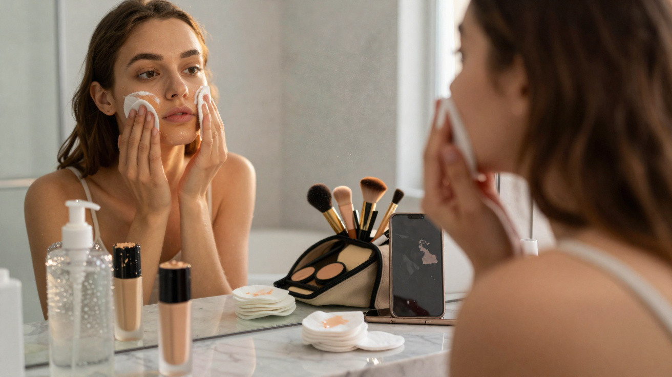 Frau reinigt im Bad mit Wattepads ihr Gesicht vor einem Spiegel, neben Make-up und Pinseln.