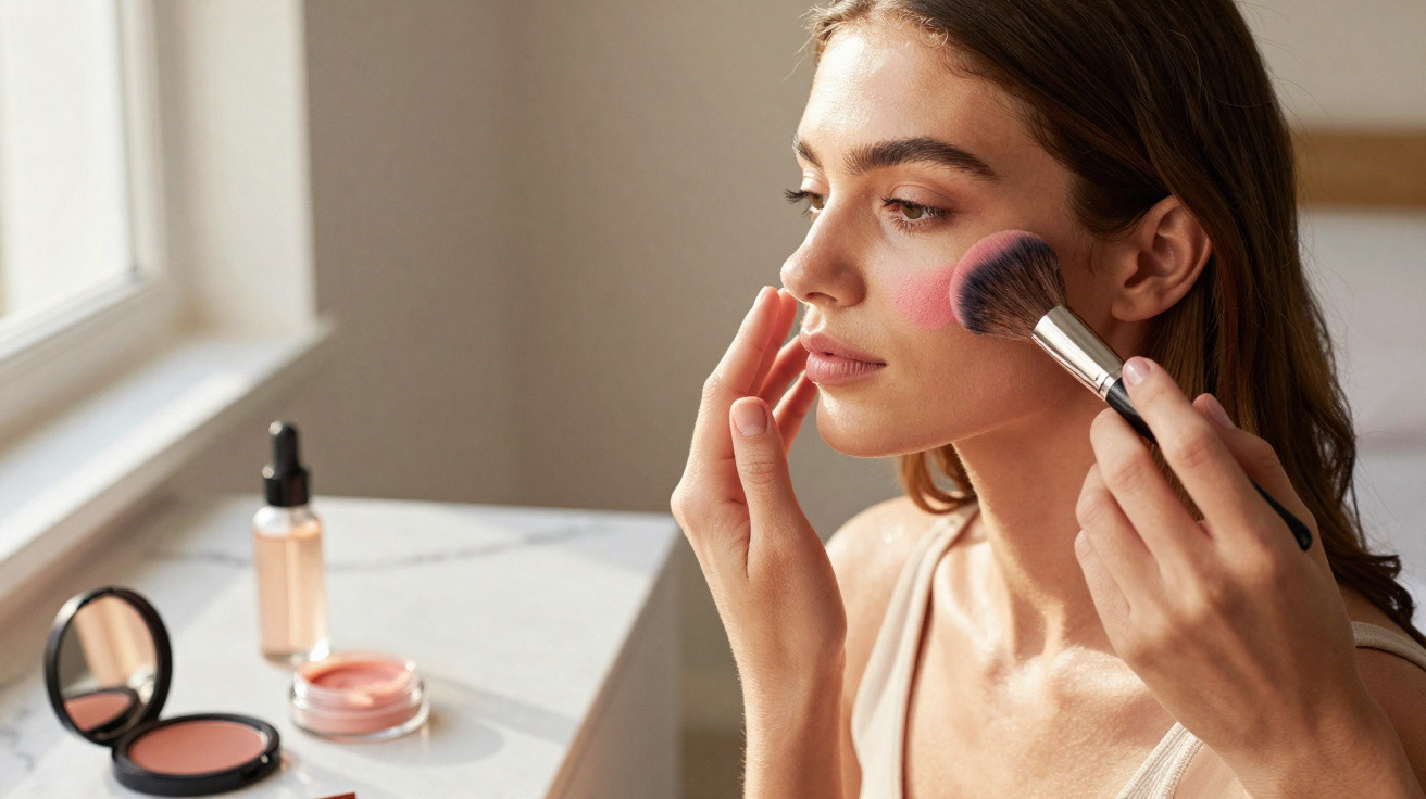Frau trägt mit Pinsel rosa Rouge auf ihre Wange auf, neben ihr Make-up-Produkte auf Tisch am Fenster.