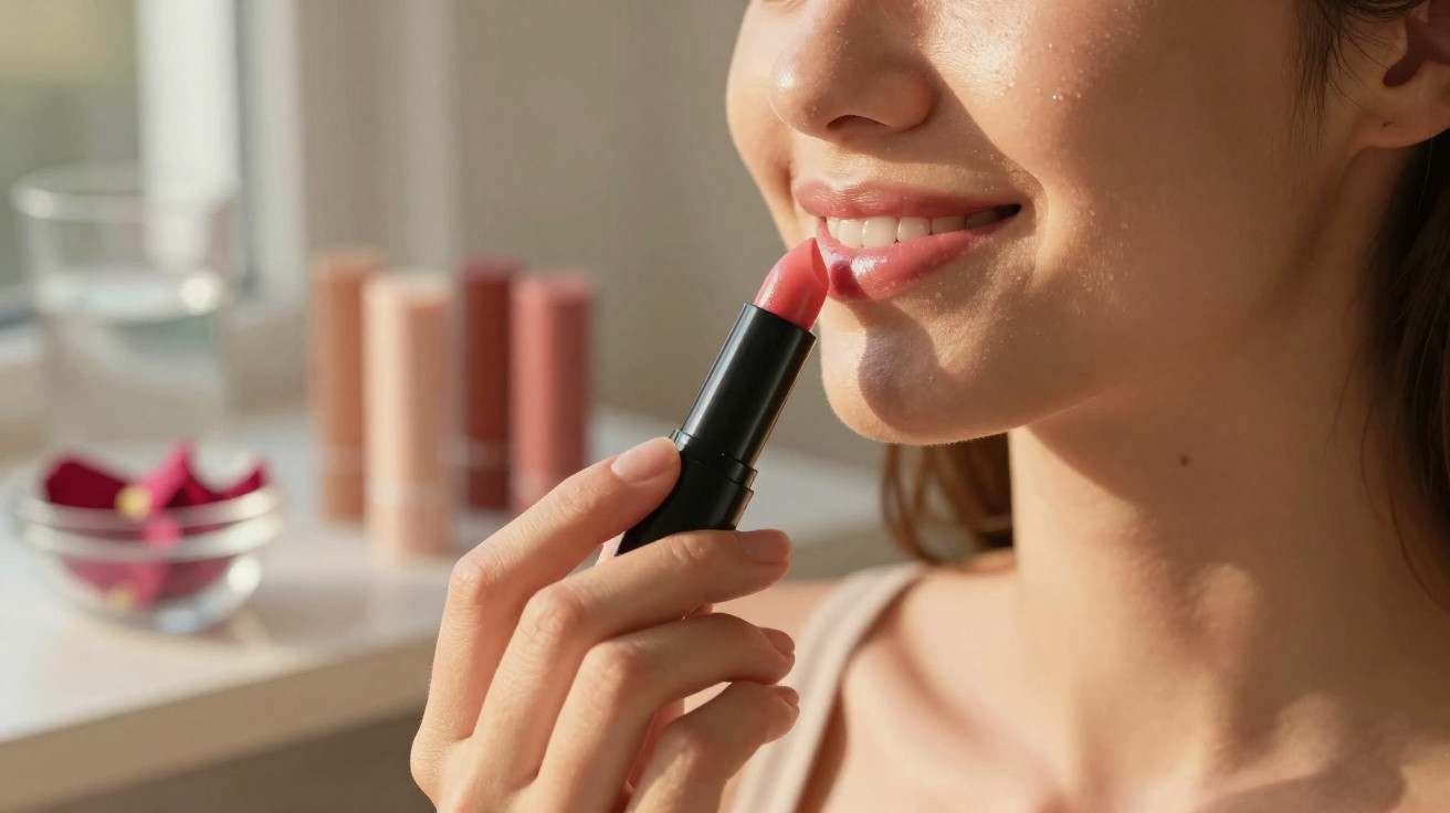 Frau trägt roten Lippenstift auf ihre unteren Lippen auf, Nahaufnahme mit morgendlichem Licht.