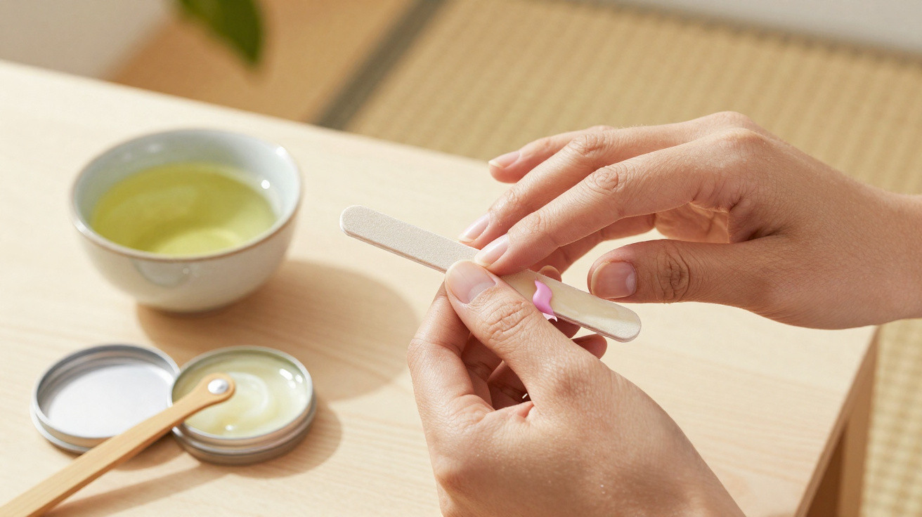 Person feilt Fingernagel mit Nagelfeile, neben Tasse grüner Tee und Dose mit Creme auf hellem Holztisch.