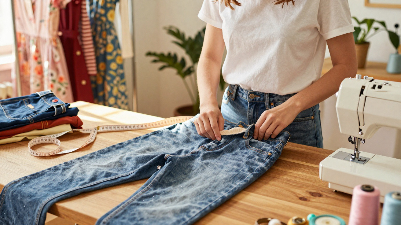 Frau legt Maßband an eine Jeans auf einem Holztisch neben Nähmaschine und Stoffrollen an.