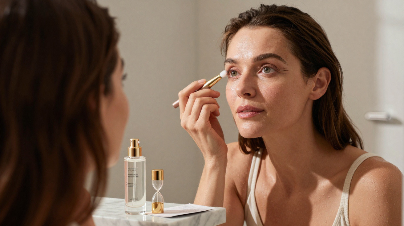 Frau trägt im Badezimmer vor Spiegel Augen-Make-up mit Pinsel auf, neben Parfüm und Sanduhr.
