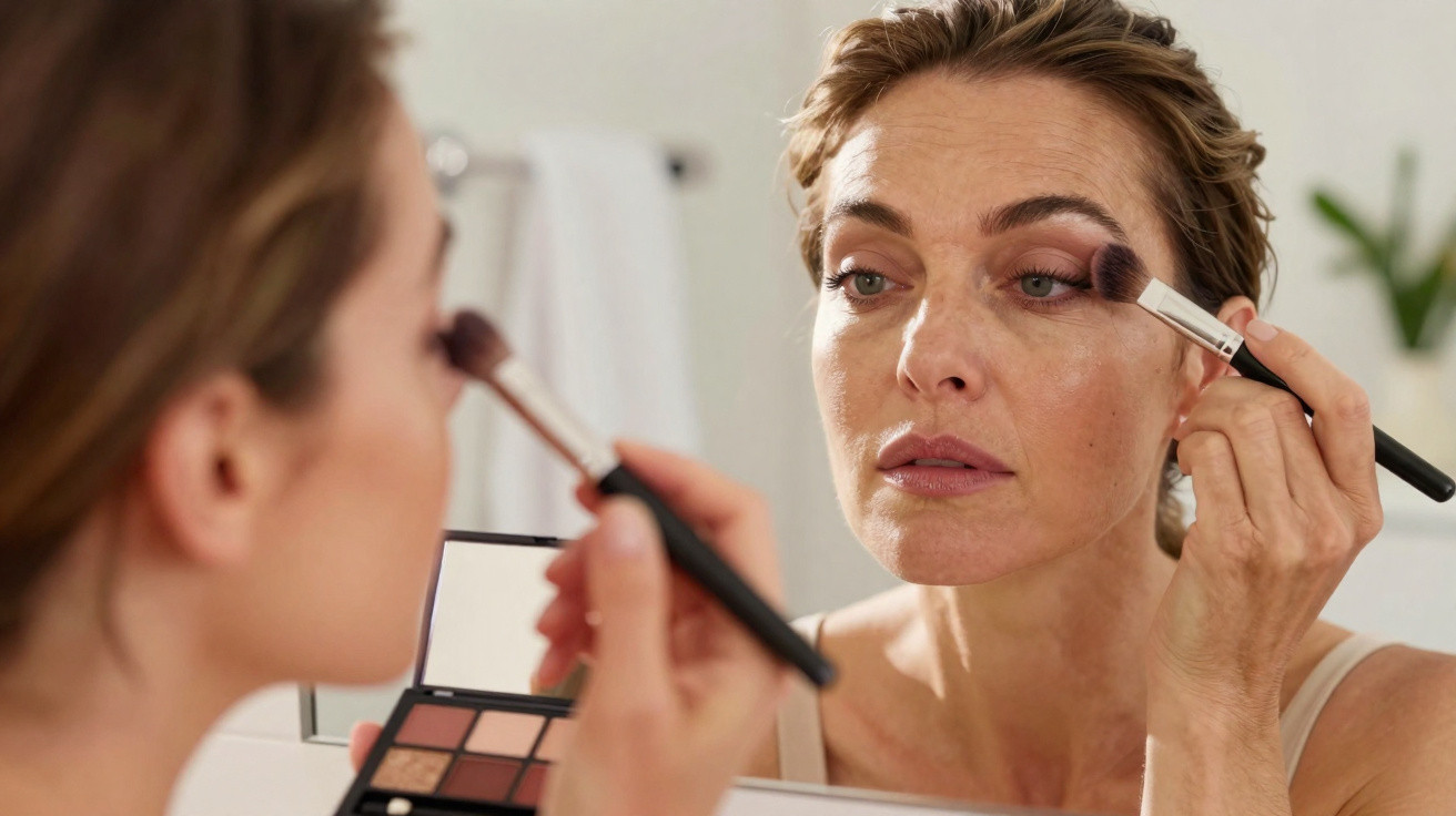 Frau trägt Lidschatten mit Make-up-Pinsel vor Spiegel in hellem Badezimmer auf.