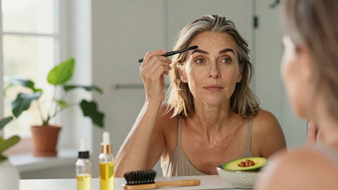 Frau mittleren Alters trägt vor dem Spiegel Augenbrauen-Make-up auf, Küchenpflanzen und Avocado sind sichtbar.