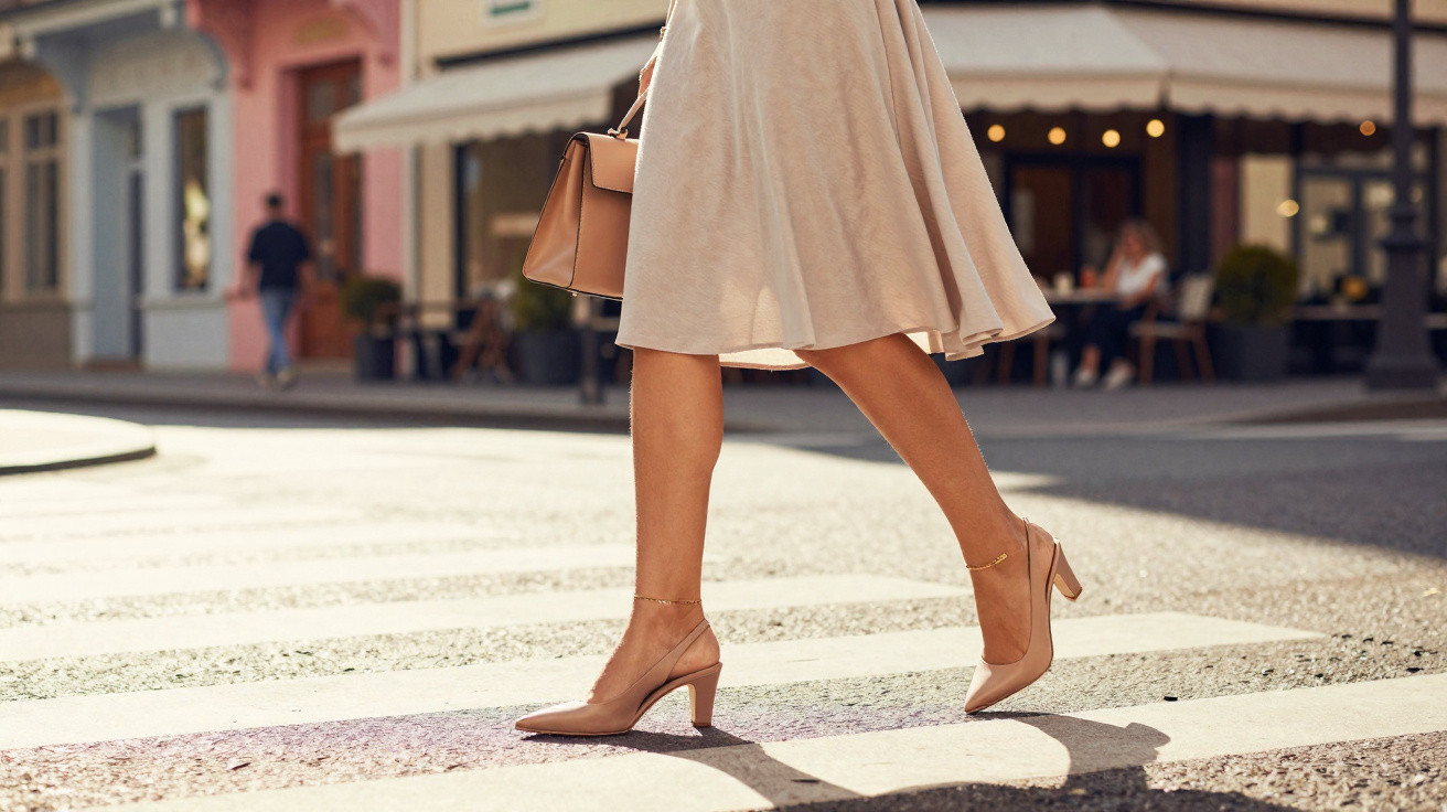 Frau in beigem Rock und Absatzschuhen überquert eine Straße bei sonnigem Wetter mit Handtasche.