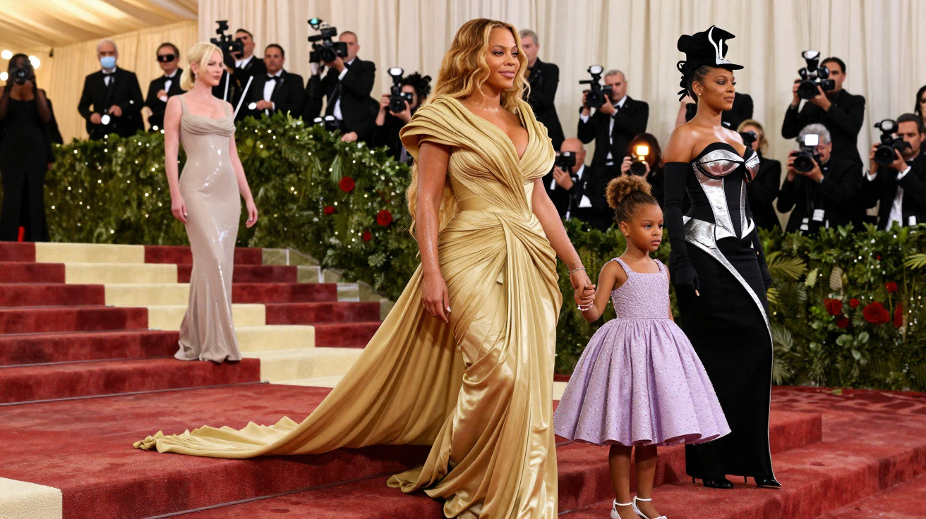 Beyoncé in goldenem Kleid mit Kind und Frau in schwarzem Kleid auf rotem Teppich, Fotografen im Hintergrund.
