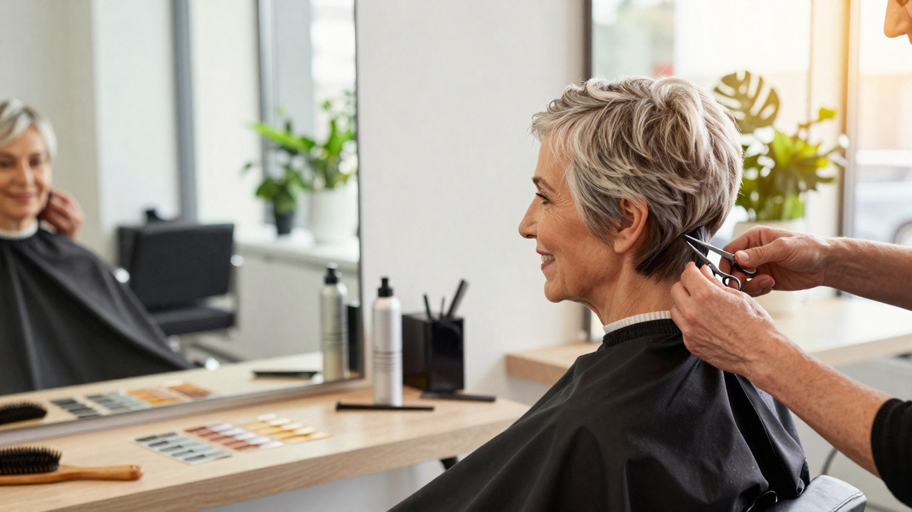 Ältere Frau bekommt im Friseursalon eine kurze Haarfrisur, Friseur schneidet die Haare am Hinterkopf.