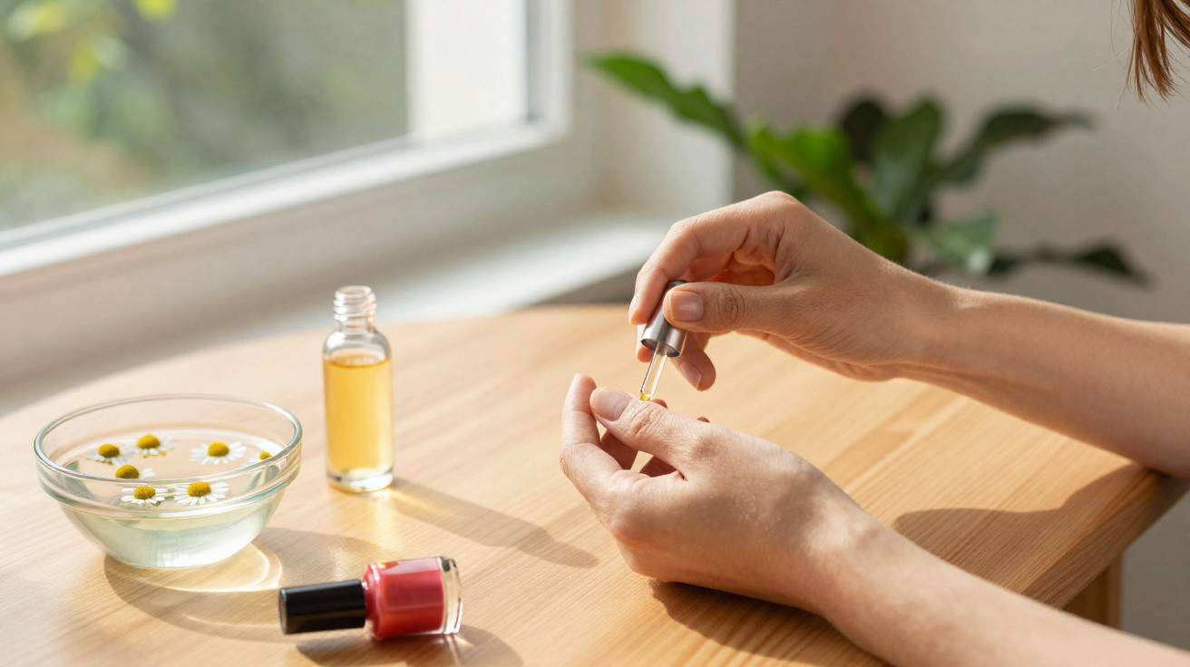 Person trägt Nagelöl mit Pipette auf Finger auf, Glasflasche, Nagellack und Schale mit Kamillenblüten auf Holztisch.
