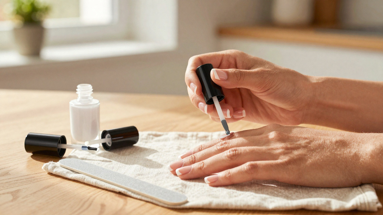 Frau lackiert ihre Nägel mit weißem Nagellack auf einem Tisch mit Nagelfeile und Handtuch.