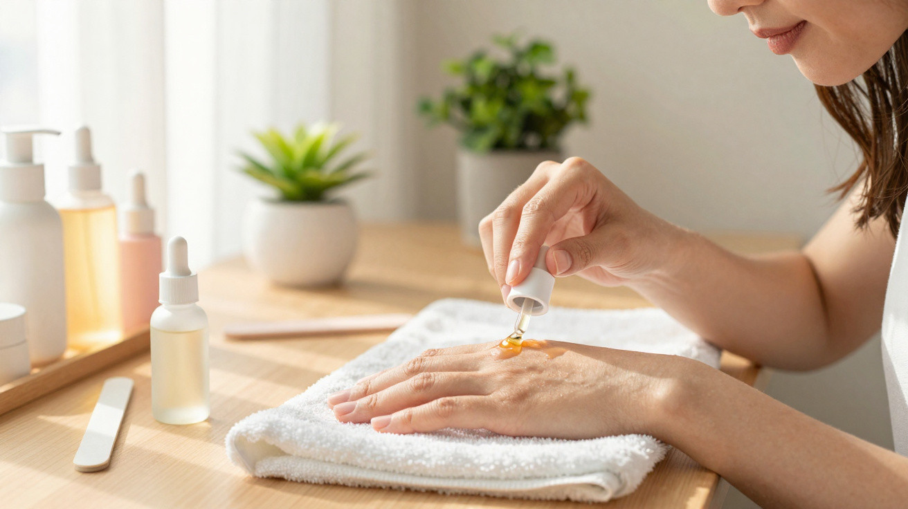 Frau trägt mit Pipette ein Hautöl auf ihre Hand auf, im Hintergrund Pflanzen und Kosmetikprodukte.