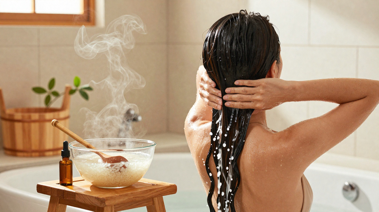 Frau in der Badewanne wäscht Haare, dampfende Schüssel mit Reismilch und Flasche auf einem Hocker daneben.