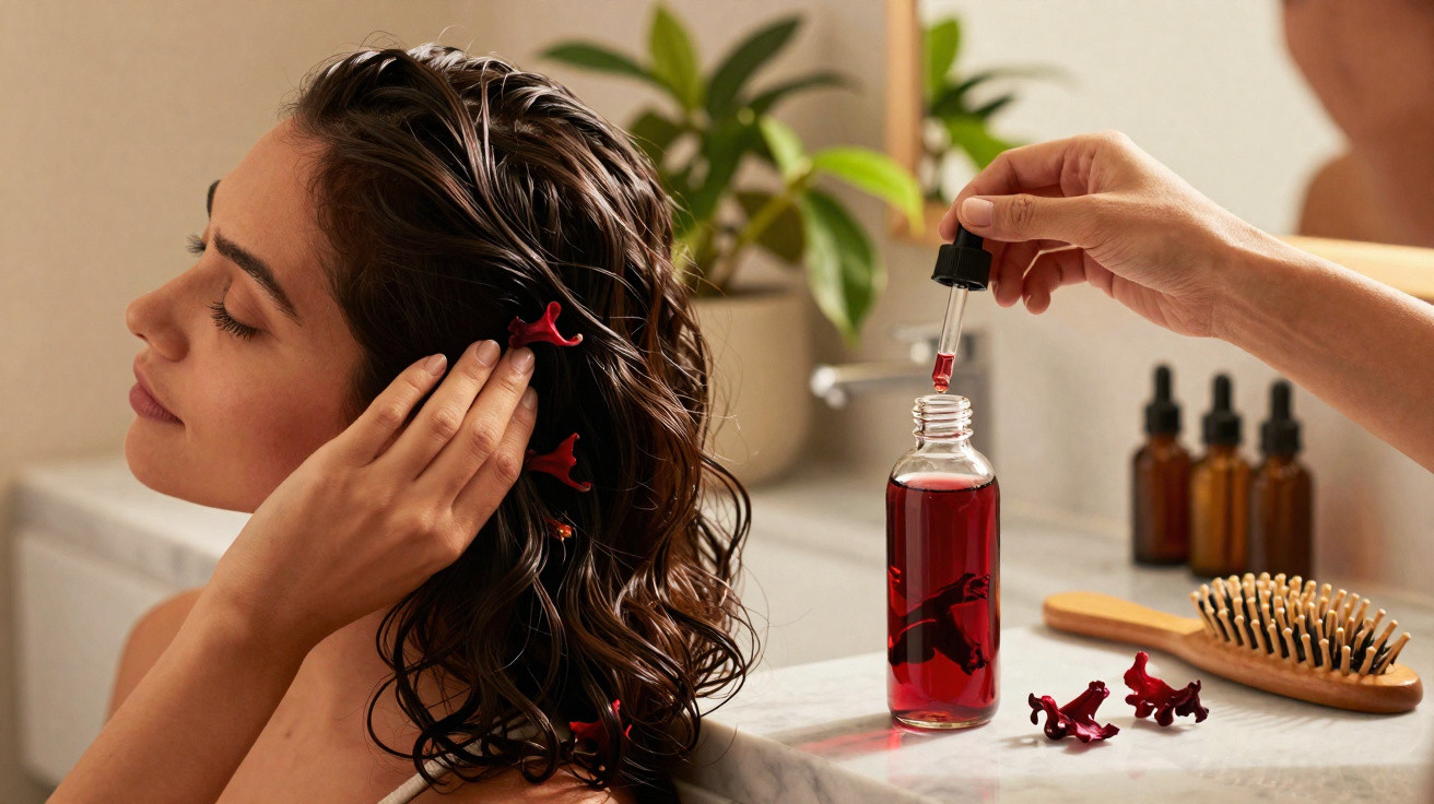Frau trägt Haarserum mit Pipette auf feuchtes Haar auf, Haarspangen und Bürste liegen auf dem Waschbecken.
