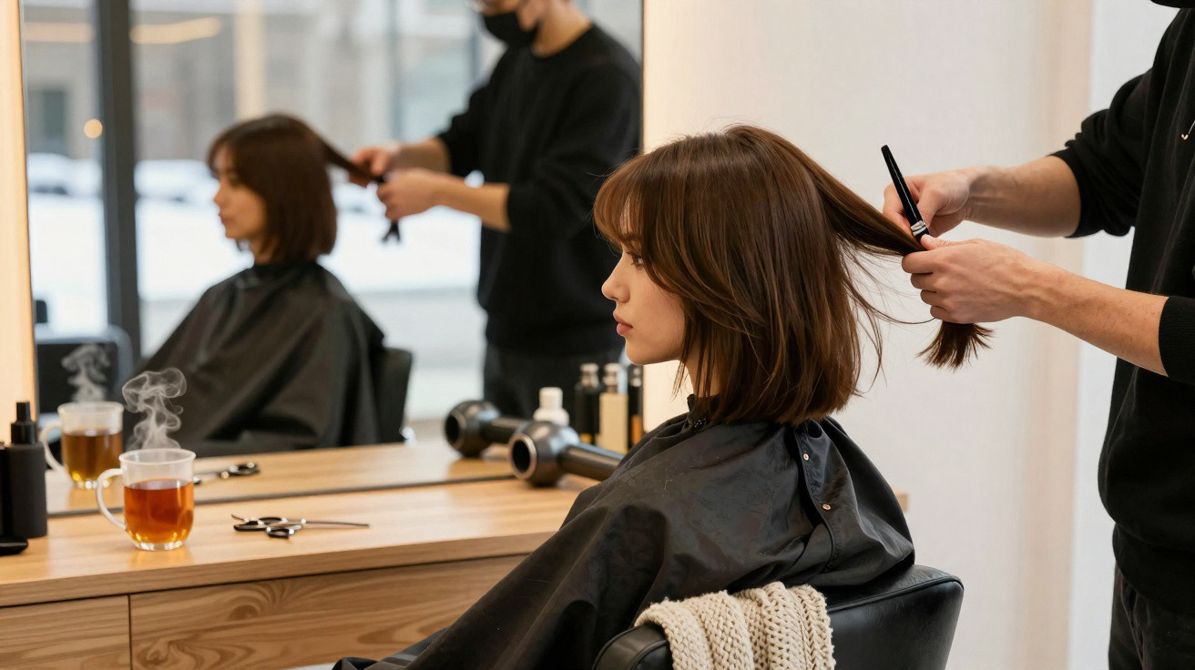 Frau sitzt im Friseursalon, Friseur kämmt ihre schulterlangen braunen Haare vor Spiegel.