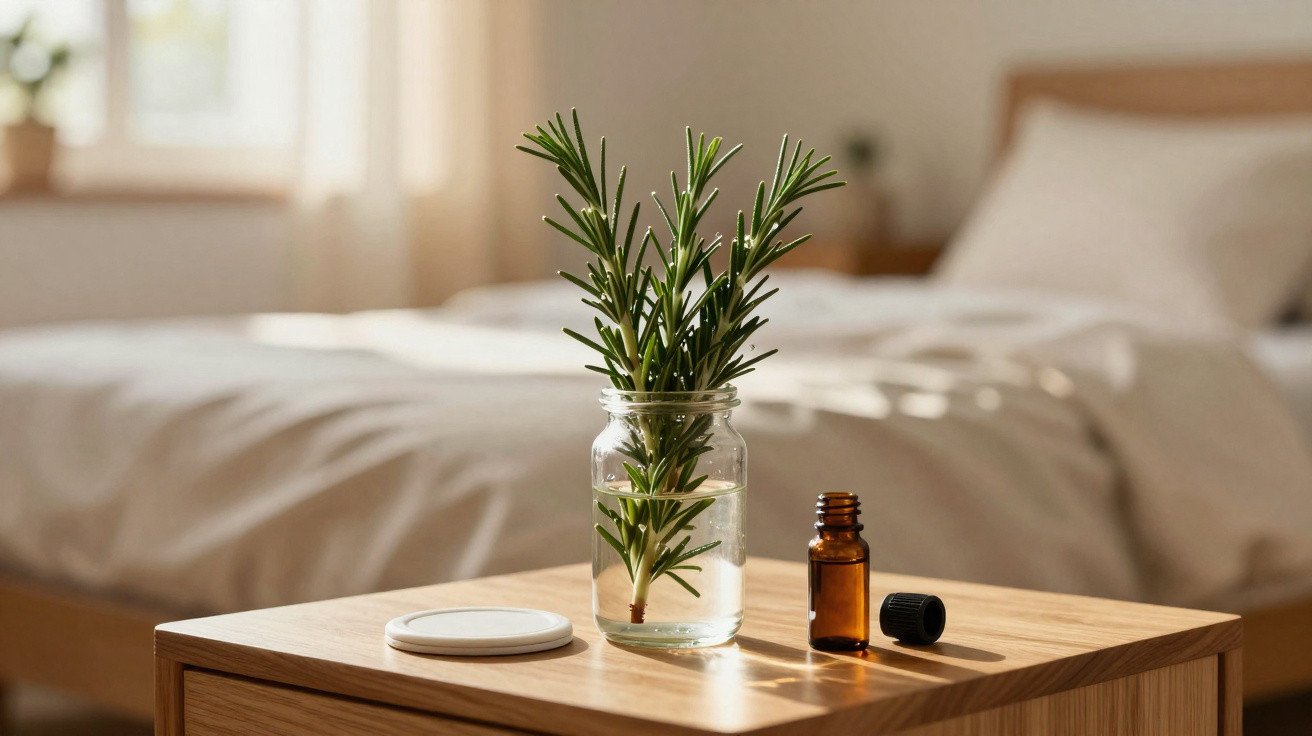 Glas mit Rosmarinzweigen und kleines Fläschchen auf hellbraunem Nachttisch vor ungemachtem Bett.