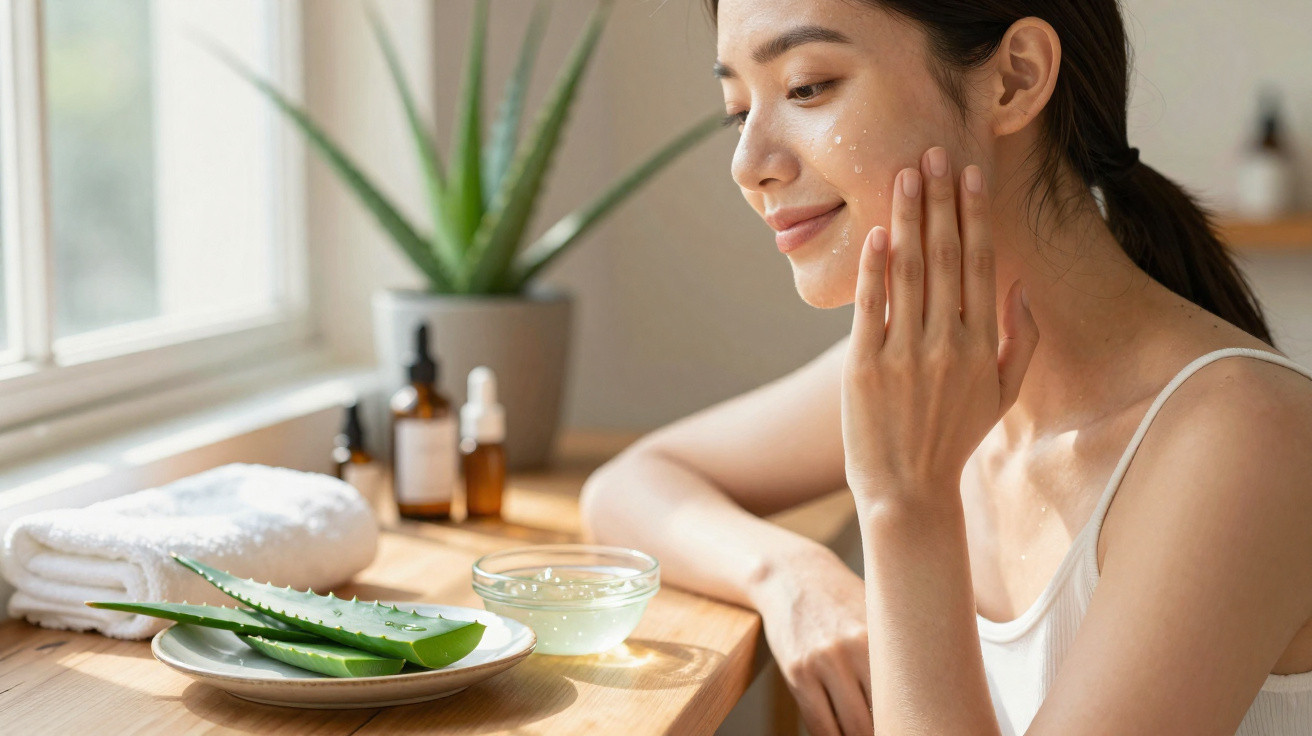 Frau trägt Aloe-Vera-Gel auf Gesicht auf, sitzend an Tisch mit Pflanzen und Pflegeprodukten, natürliche Hautpflege.