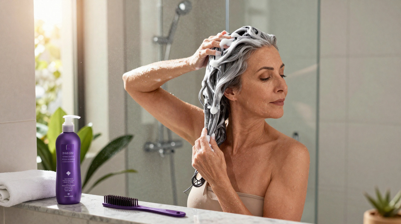 Ältere Frau wäscht sich im Badezimmer die grauen Haare mit Schaum und geschlossenen Augen.