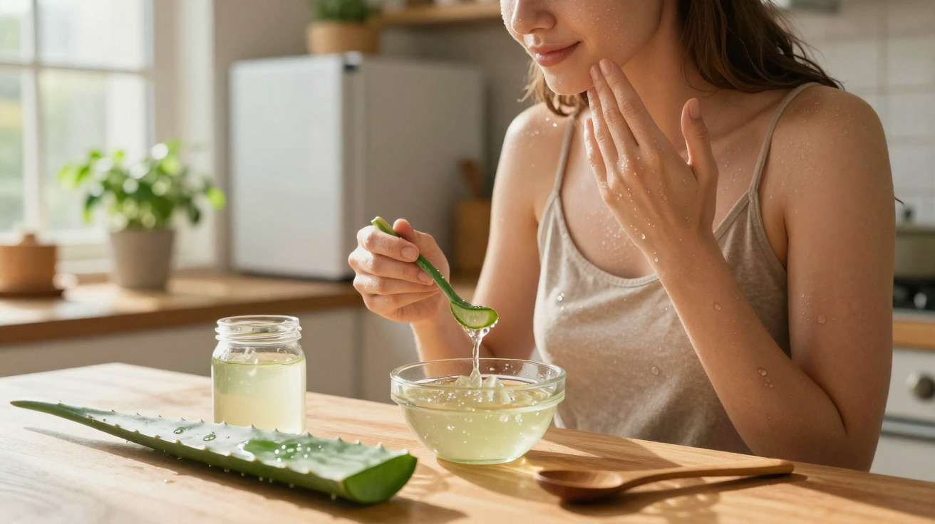 Frau trägt Aloe-Vera-Gel auf Gesicht auf, Glas mit Gel und Aloe-Vera-Blatt auf Küchentisch.