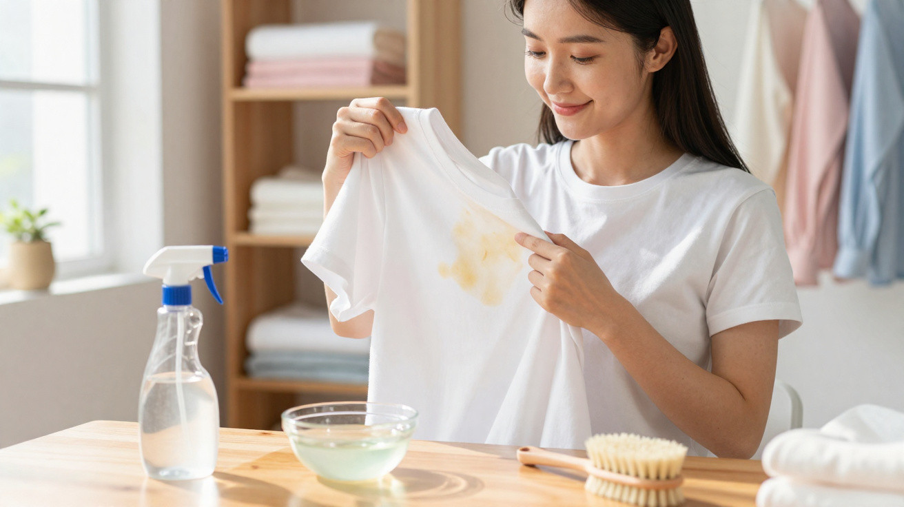 Frau hält ein weißes T-Shirt mit Flecken, bereit zum Fleckenentfernen mit Bürste und Reinigungsmittel.