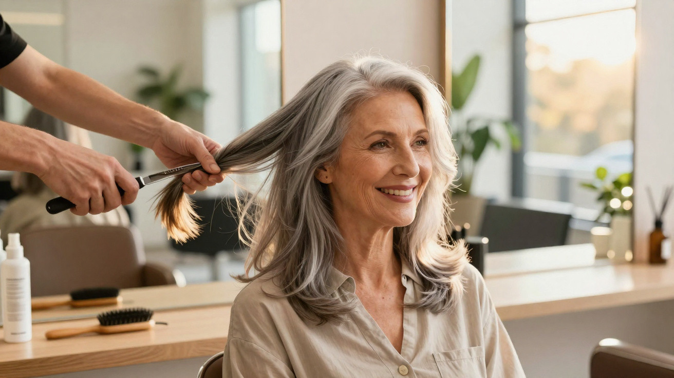 Ältere Frau mit grauem Haar lächelt beim Friseurbesuch in modernem Salon mit natürlichem Licht.