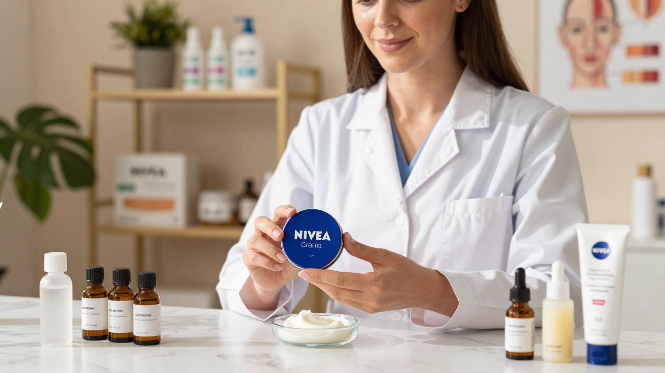 Frau in Arztkittel hält Nivea Creme-Dose, umgeben von Hautpflegeprodukten auf weißem Tisch.