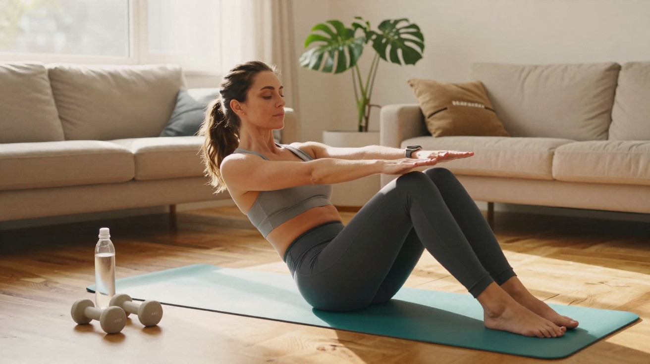 Frau macht Fitnessübung auf Matte im Wohnzimmer mit Hanteln und Wasserflasche neben ihr.