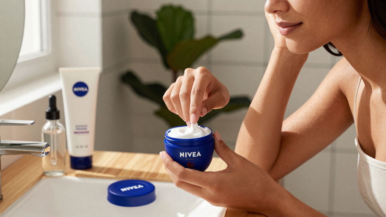 Frau entnimmt NIVEA-Creme aus blauem Tiegel im Badezimmer neben Waschbecken und Spiegel.