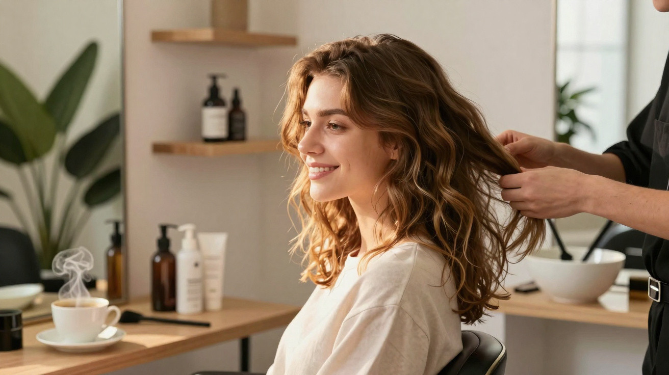 Fröhliche junge Frau, die im Friseursalon sitzt, während ein Friseur ihr gewelltes Haar stylt.