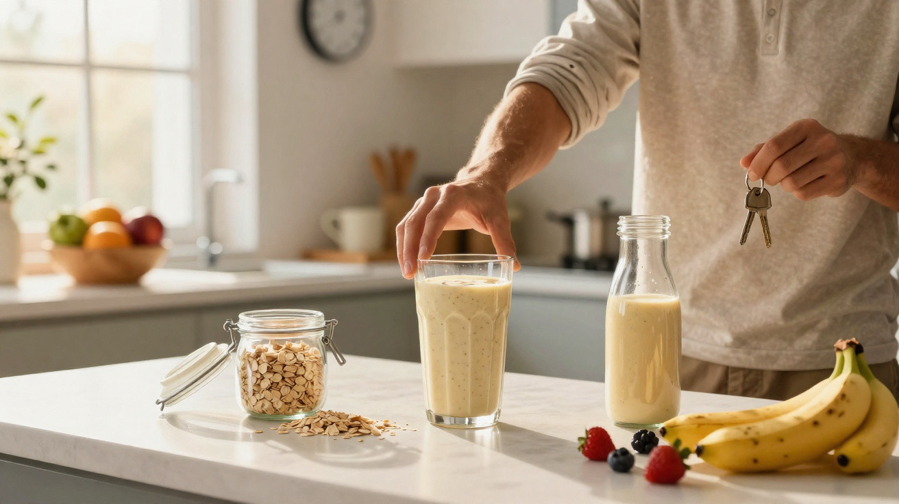 Person greift nach Smoothieglas, daneben Banane, Beeren, Haferflocken und Schlüssel auf Küchenarbeitsplatte.