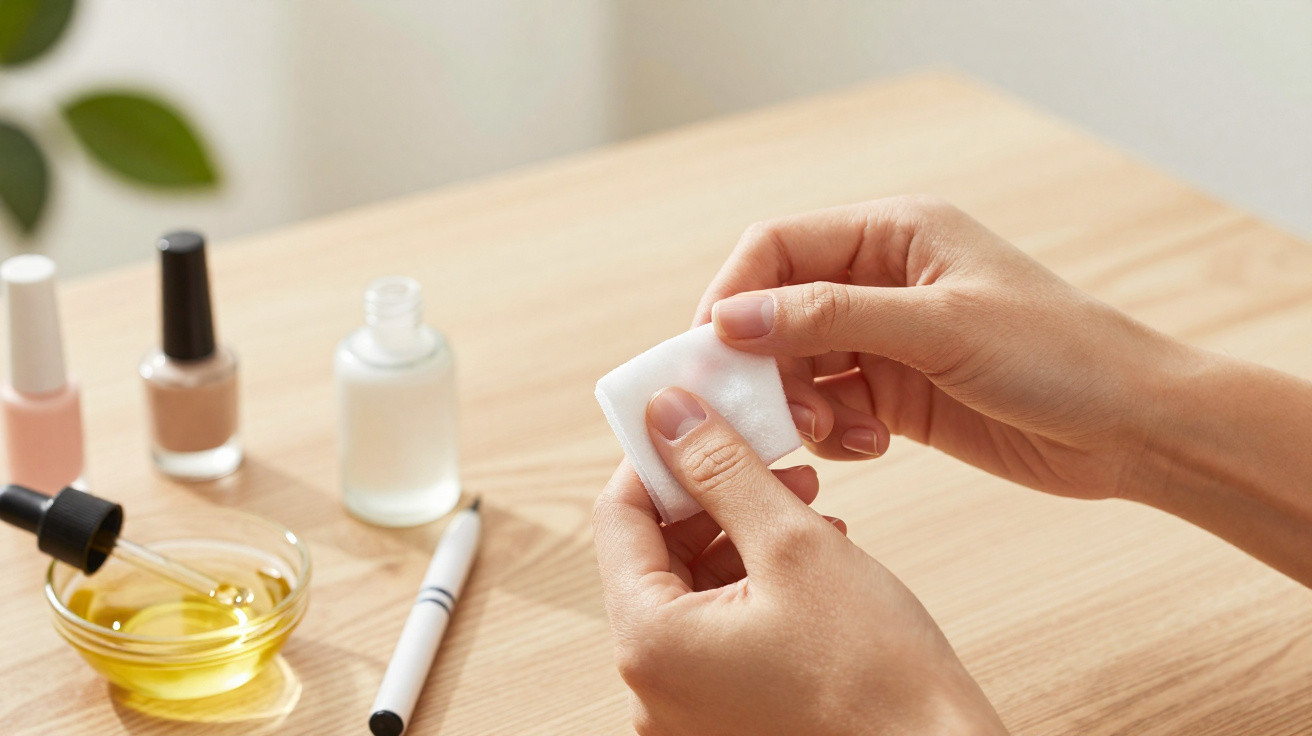 Person entfernt Nagellack mit Nagellackentferner und Wattepad an einem Holztisch.