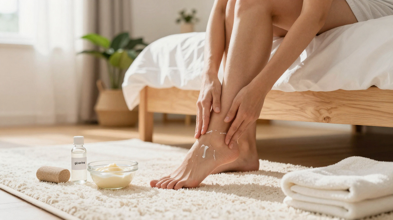 Frau cremt ihre Ferse mit Fußcreme im Schlafzimmer ein, auf Teppich liegen Handtücher und Pflegeprodukte.