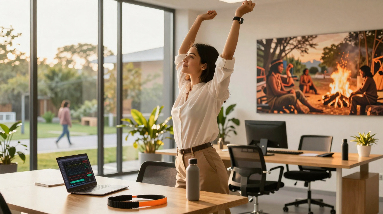 Frau streckt sich entspannt im modernen Büro mit großem Fenster und Pflanzen am Schreibtisch.