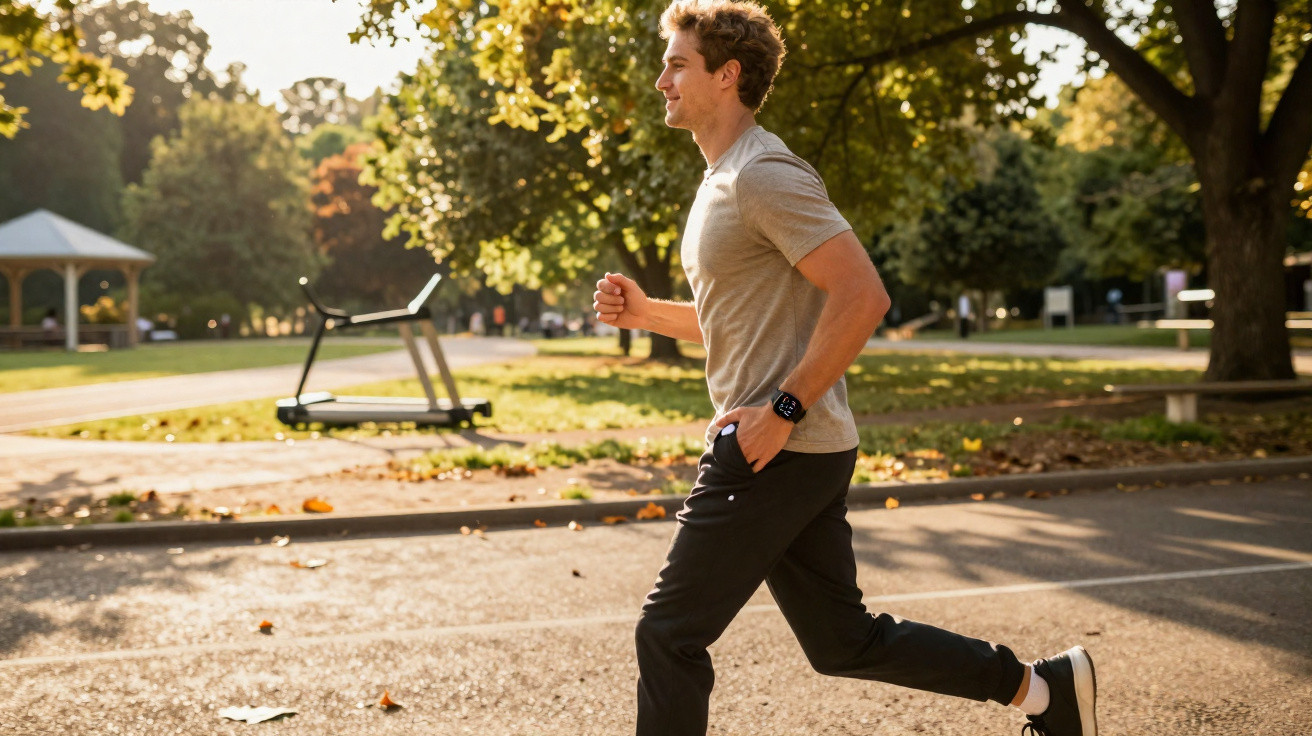 Junger Mann joggt bei sonnigem Herbstwetter im Park auf einem gepflasterten Weg.