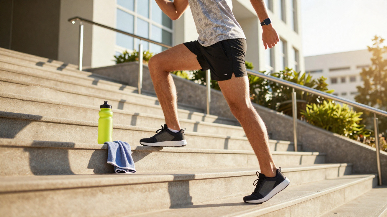 Mann in Sportschuhen trainiert auf einer Treppe, grüne Trinkflasche und blaues Handtuch liegen daneben.