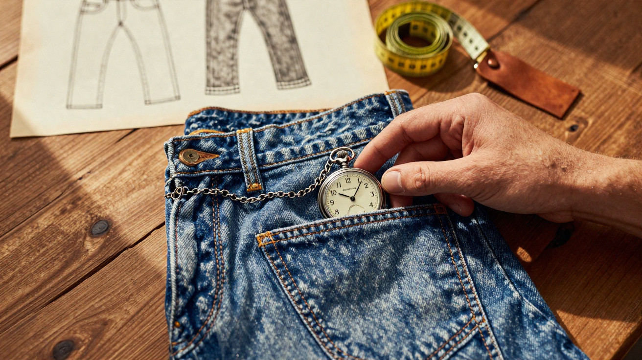 Hand legt eine Taschenuhr in die Gesäßtasche einer blauen Jeans, im Hintergrund Maßband und Skizze.