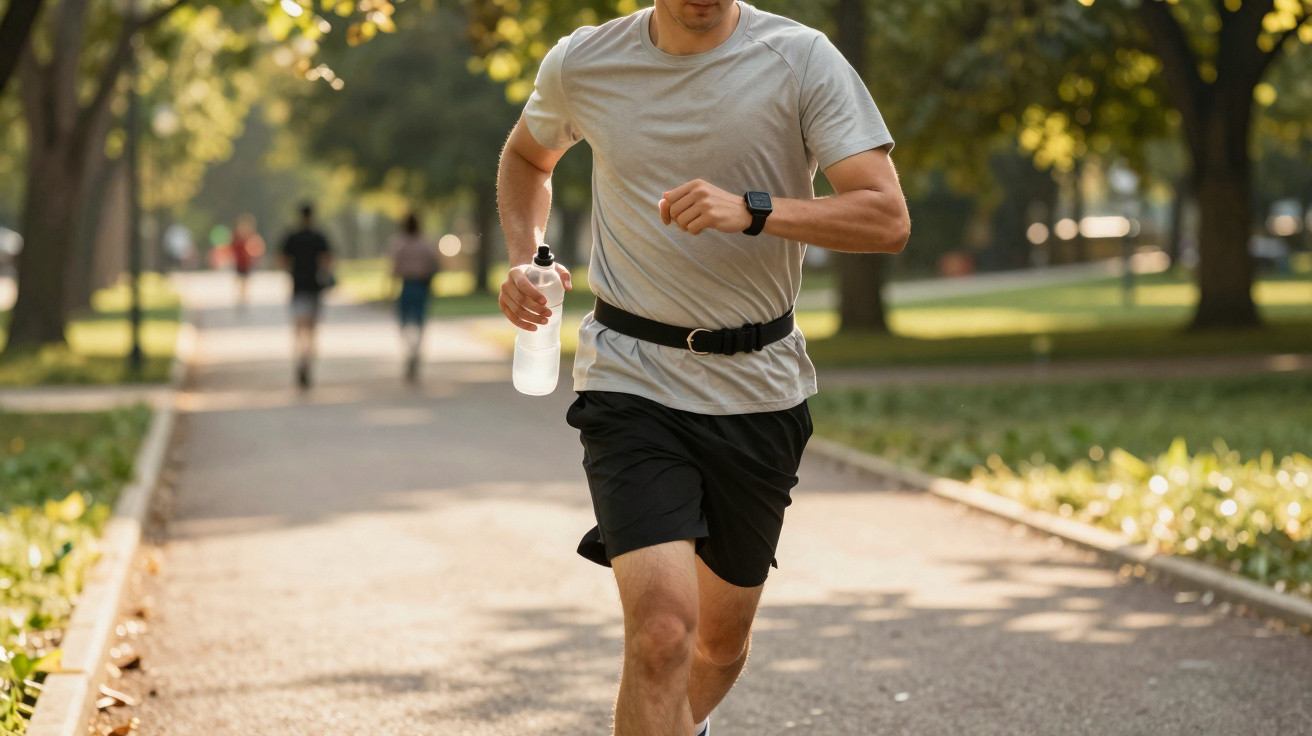 Mann joggt im Park auf einem sonnigen Weg, trägt Sportkleidung und hält eine Wasserflasche in der Hand.