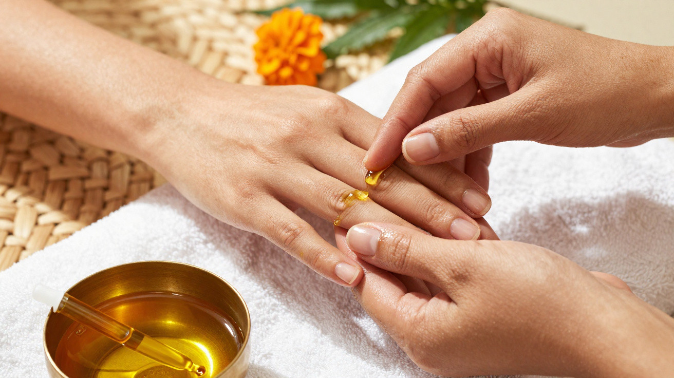 Hände erhalten Nagelöl-Massage auf weißem Handtuch mit Blume und Schale im Hintergrund.