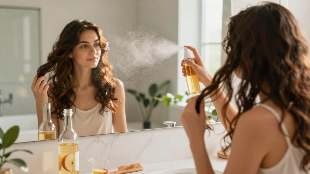 Frau sprüht Haarspray auf ihr gewelltes Haar vor einem Spiegel im Badezimmer.