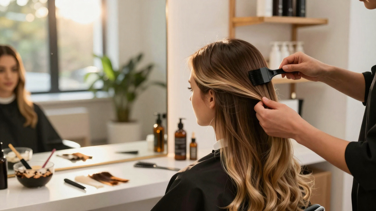 Frau im Friseursalon erhält Haarfärbung, Friseur trägt Farbe mit Pinsel auf ihre langen blonden Haare auf.